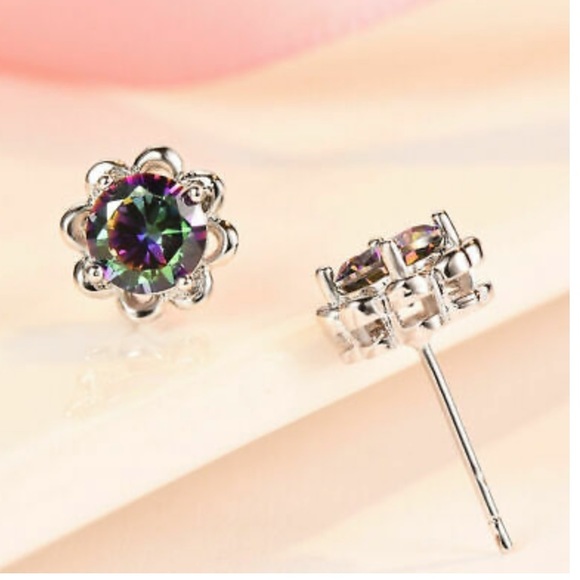 NEW 925 Sterling Silver Flowers 🌈 Stone Earrings - Picture 2 of 5